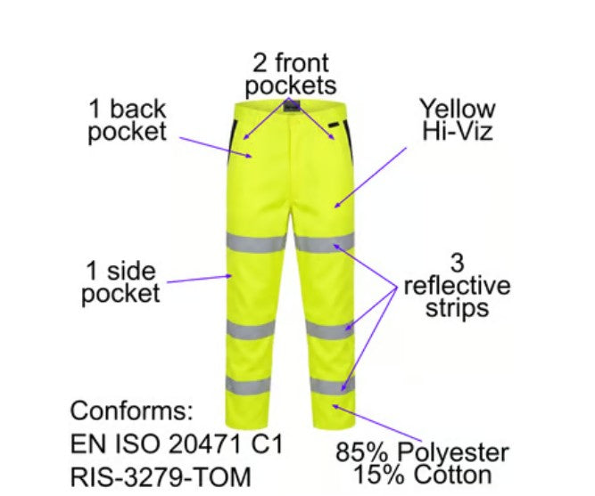 Yellow Hi Vis 3 Band Polycotton Trousers - Regular Leg