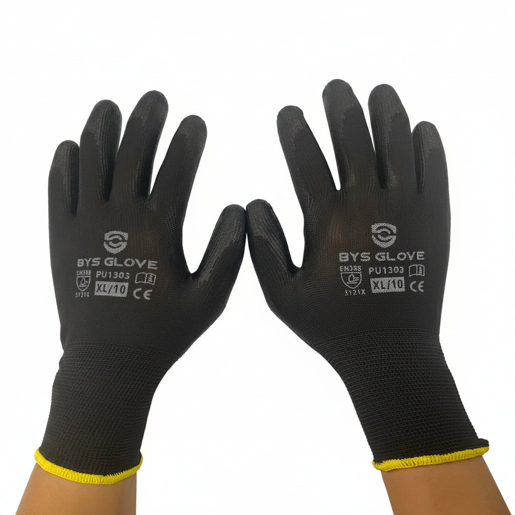 Black Safety Gloves PU Palm Coated - Polyester Liner